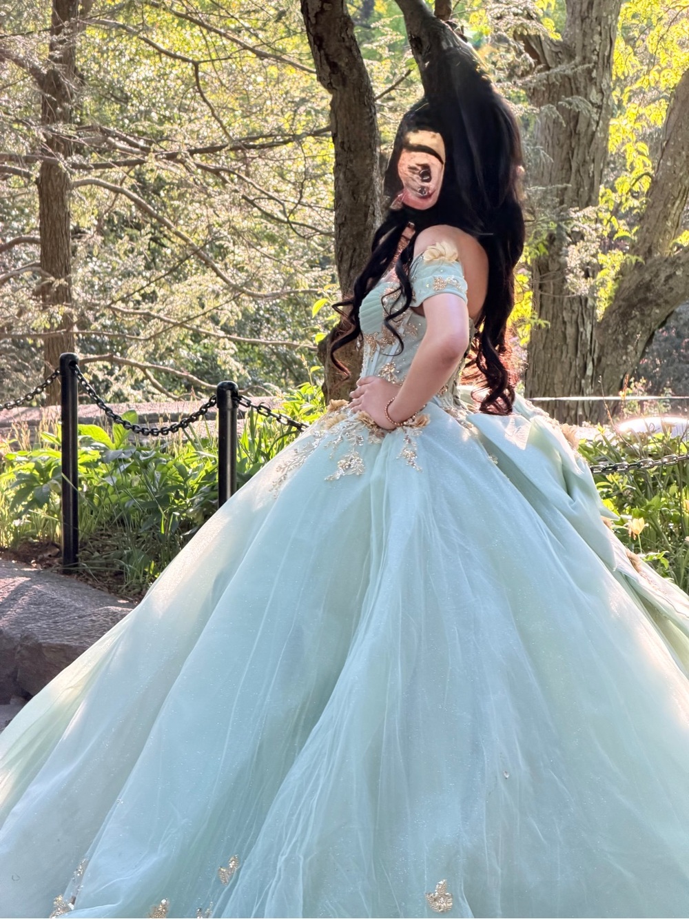 Mint Off-the-Shoulder Ball Gown with Gold Appliqué